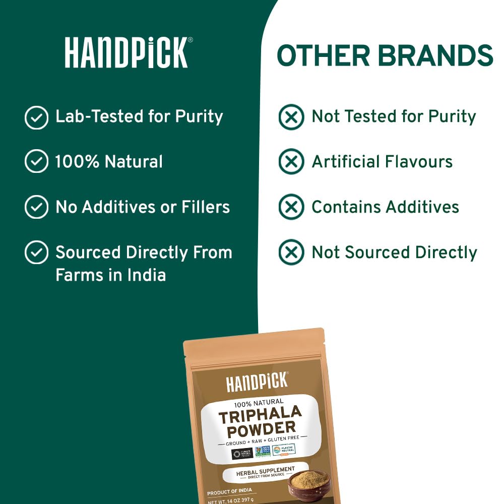 HANDPICK Triphala Powder (397g/14oz) Non GMO, Gluten Free, 100% Raw, Sourced from India, Herbal Formula of Amla, Haritaki, Bibhitaki, Packed in Resealable Zip Lock Pouch