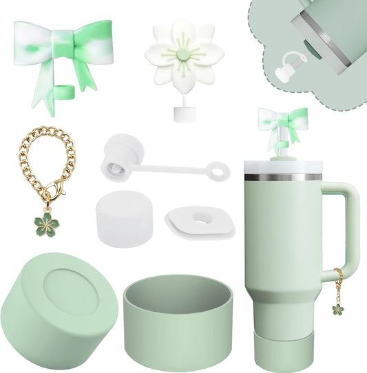 Stanley Cup Accessories Set,Including 2 Pcs 0.4in Straw Cover, 1 Silicone Spill-Proof Stopper Set of 3, 1 Cute Flowers Handle Charm, 1 Silicone Boot Fits Stanley 40&30 Oz Tumbler (Matcha Cream)