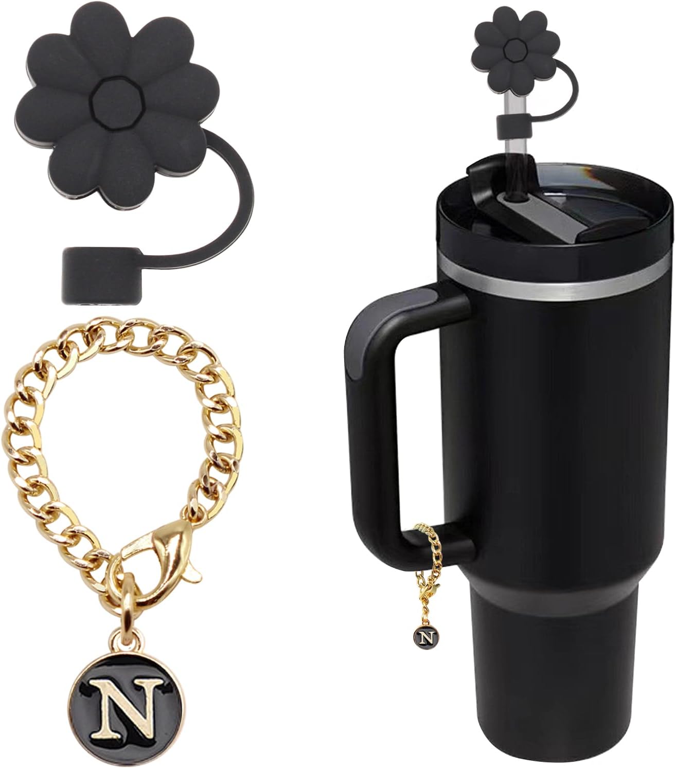 Stanley Cup Accessories, 1pc Flower Stanley Straw Cover Silicone Straw Topper for Stanley 30&40 oz Tumbler with Handle and 1pc Initial Letter Charm for Stanley Cup (Letter N)