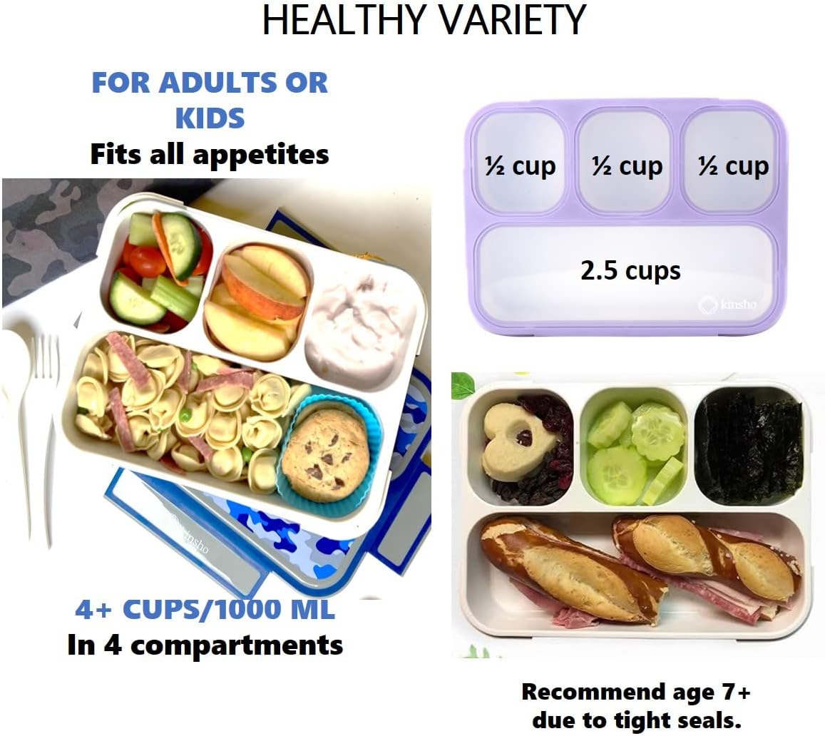 kinsho Bento-Box Lunch-Box Kids, Meal Boxes and Snack Containers for Boys & Girls for School, Includes Utensils, BPA Free (Purple Rainbow Unicorn + Blue Black Camo, 2 Pack Set)