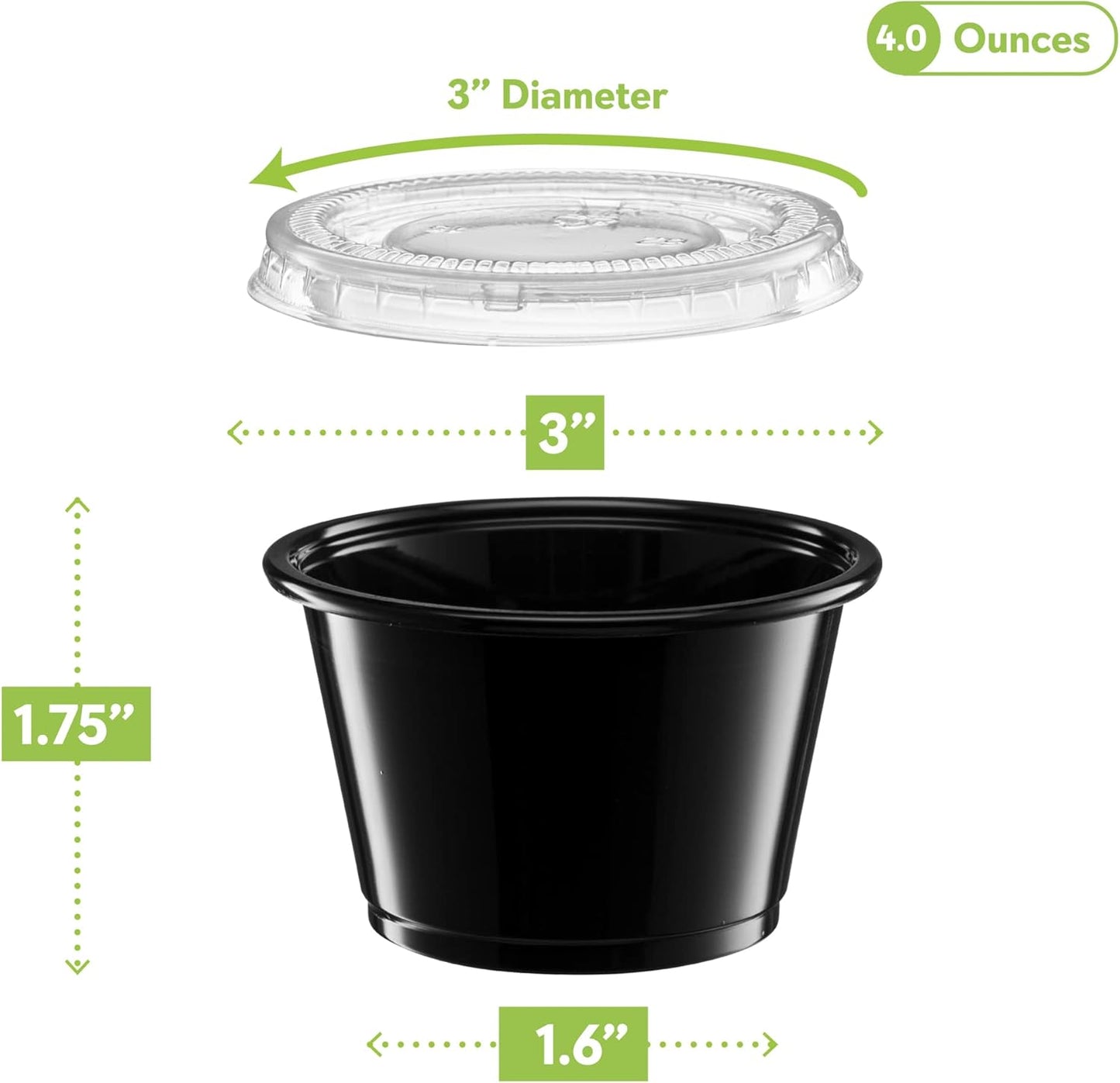 (4 oz - 100 Sets) Black Diposable Plastic Portion Cups With Lids, Small Mini Containers For Portion Controll, Jello Shots, Meal Prep, Sauce Cups, Condiments, Medicine, Dressings,