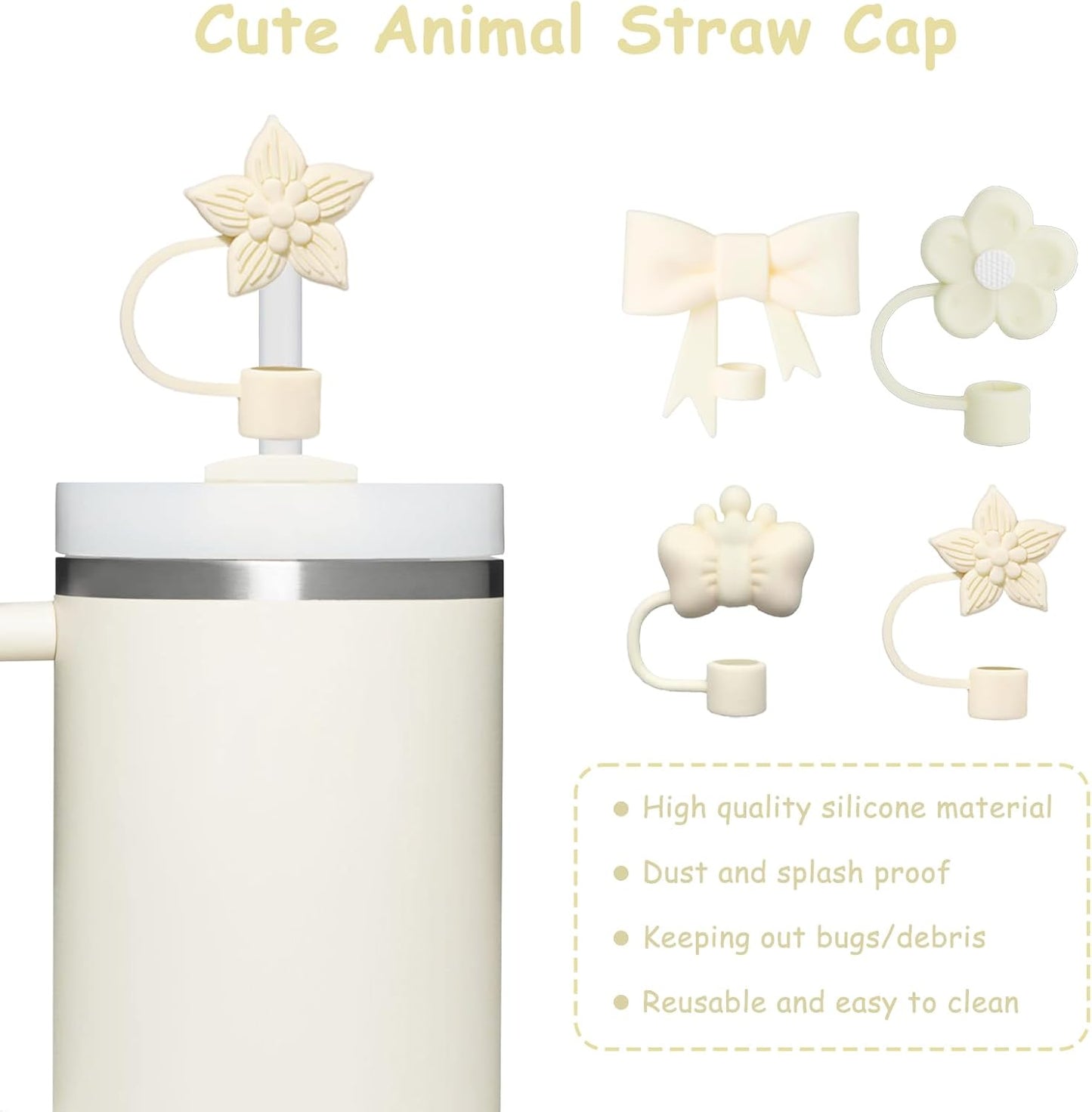 4 Pcs 0.4in Straw Cover for Stanley Cup, Silicone Straw Topper Set for 30&40oz Stanley Tumbler, Fit for 10mm/0.4in Straws (Cream)