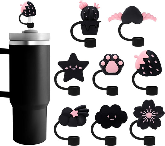 Black Straw Covers Cap for Stanley Cup, 8 Pcs Straw Toppers for Stanley 30&40 Oz Tumbler, Cute Straw Caps Reusable Straw Tips Protectors for 0.4 Inch/10 mm Stanley Cup Accessories