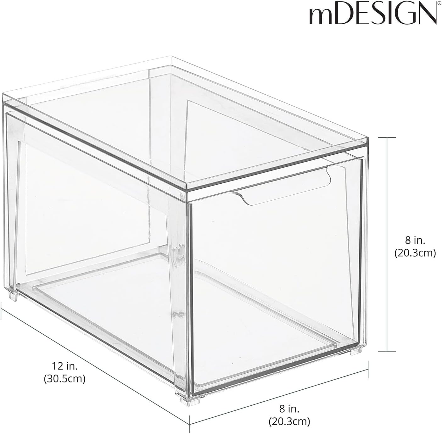 mDesign Plastic Stackable Closet Storage Organizer Bins with Pull Out Drawer for Cabinet, Desk, Shelf, Cupboard, or Dresser Organization - Lumiere Collection - 4 Pack - Clear