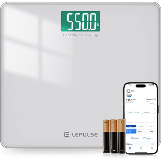 LEPULSE 550lb Bathroom Digital Scale for Body Weight BMI, Extra Wide Platform High Capacity Large Backlit Display, Most Accurate Bathroom Scale up to 500 lbs Weight Scale with APP, 8mm Tempered Glass