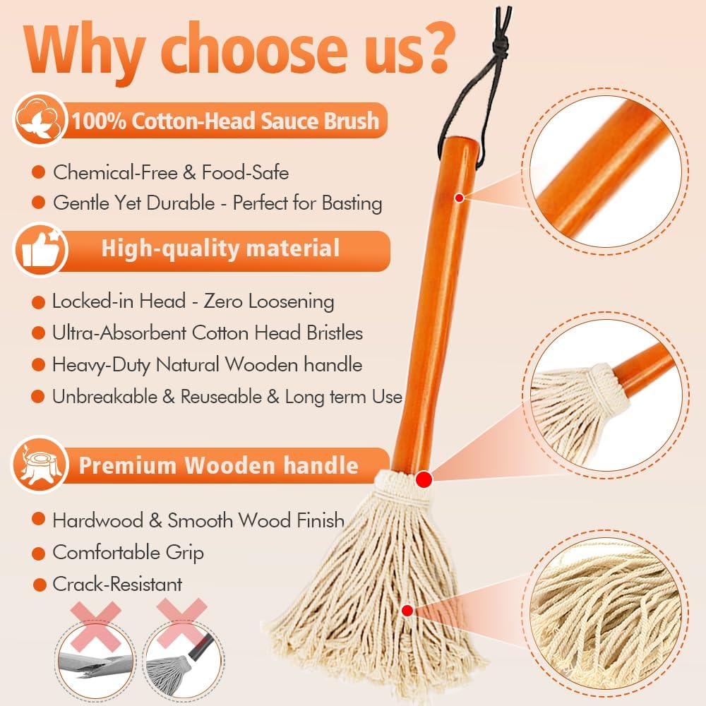 16" BBQ Sauce Basting Mops & Brushes for Roasting or Grilling, Apply Barbeque, Marinade or Glazing, Cotton Fiber Head and Hardwood Handle, Dish Mop Style, Perfect for Cooking or Cleaning - Pack of 3
