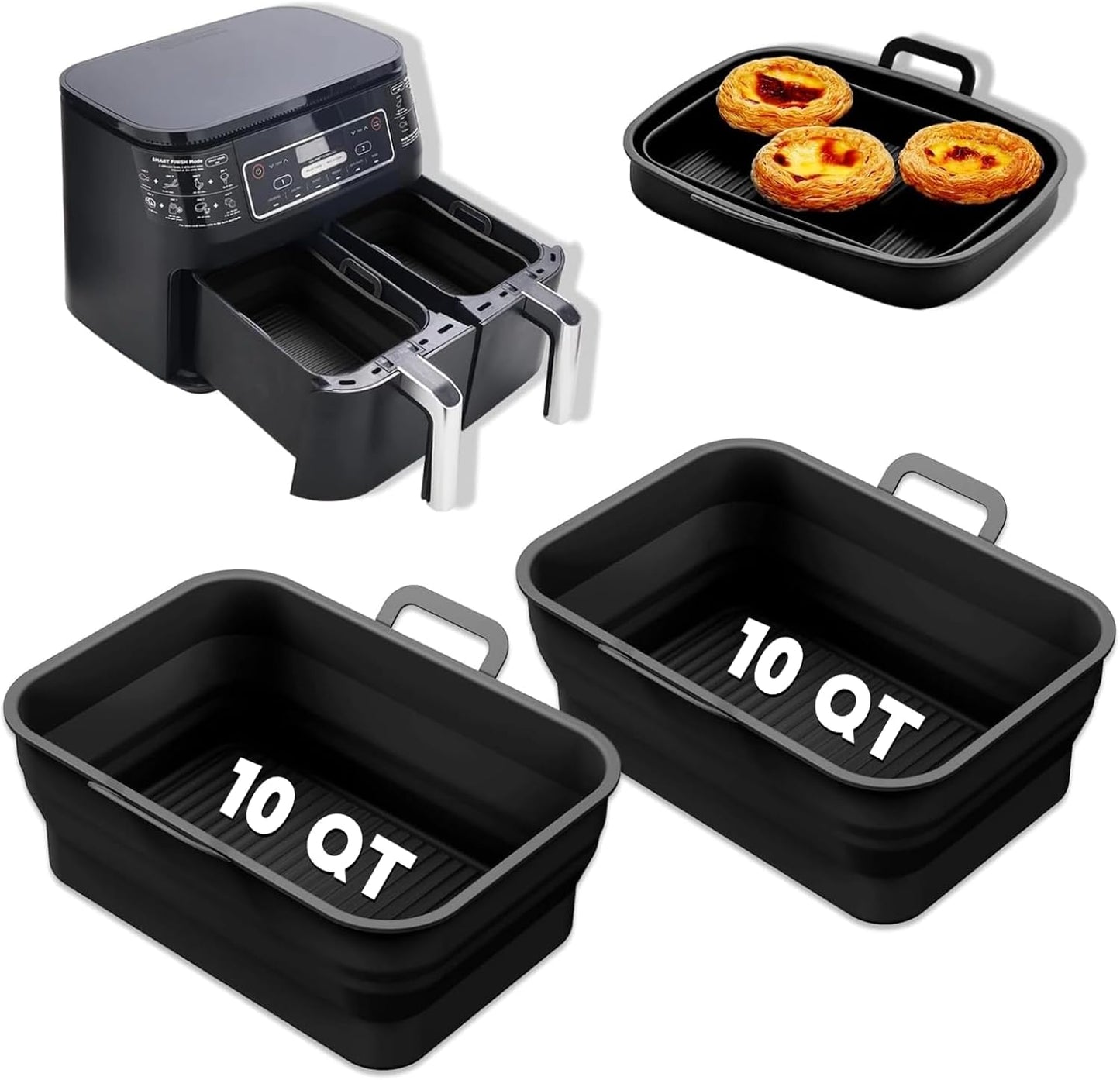 Collapsible 2-Pack Air Fryer Silicone Liners for 10QT NINJA Foodi Dual, Rectangular Air Fryer Silicone Pot, Reusable Silicone Air Fryer Basket for Air Fryer Accessories(Black)