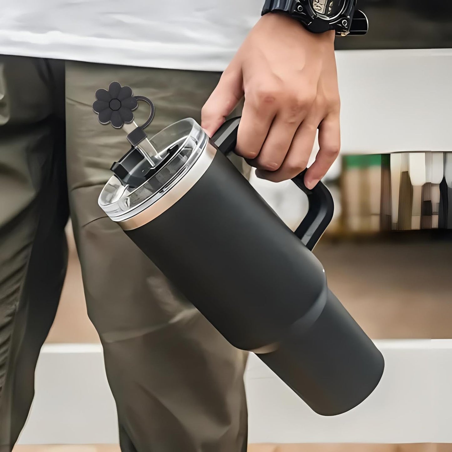 Stanley Cup Accessories, 1pc Flower Stanley Straw Cover Silicone Straw Topper for Stanley 30&40 oz Tumbler with Handle and 1pc Initial Letter Charm for Stanley Cup (Letter P)