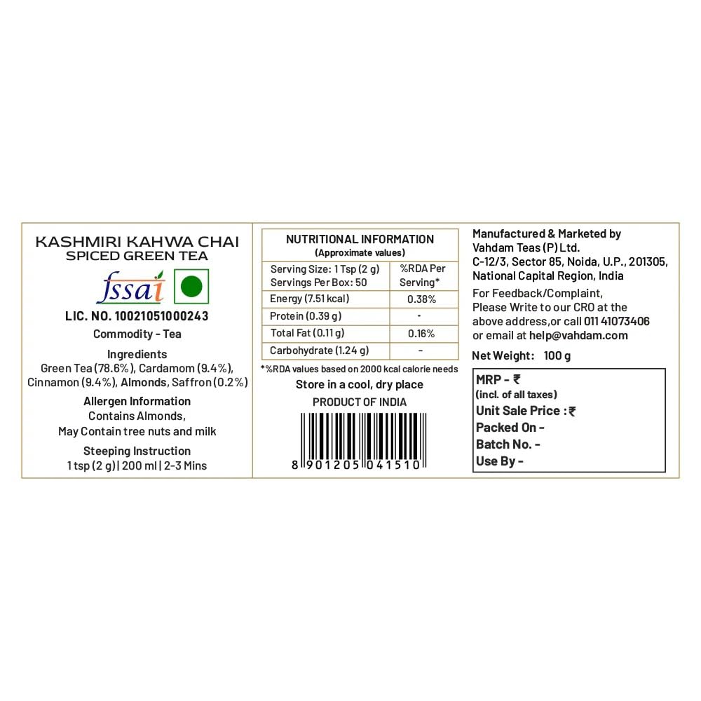 VAHDAM, Kashmiri Kahwa Tea (50 Cups/3.53oz) | Green Tea, Cinnamon, Cardamom, Almond & Saffron | Premium India Loose Leaf Tea | Vacuum Sealed for freshness
