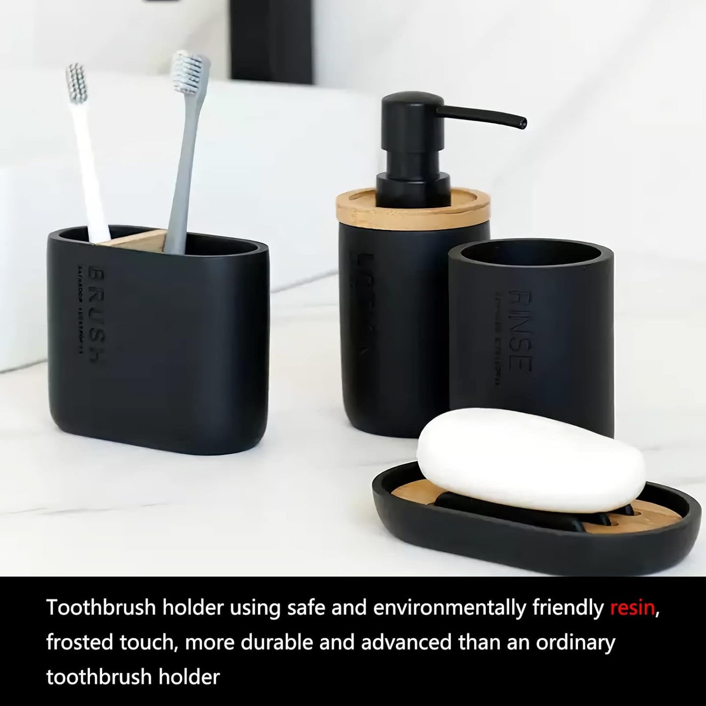 rejomiik Toothbrush Holders Resin Bamboo Tooth Brushing Holder for Bathroom Countertop, Tooth Brush Storage Organizer Stand for Holds Toiletries and Beauty Accessories, Toothpaste, Razor, Matte Black
