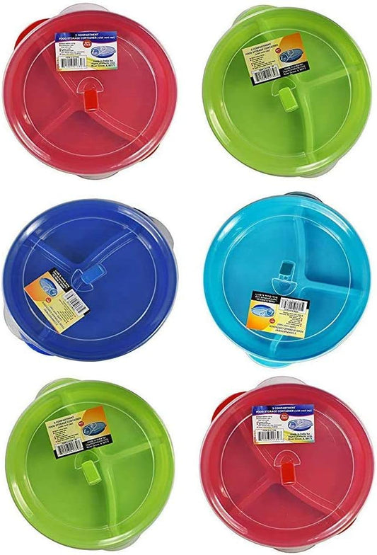 (Set of 6) Microwave Food Storage Tray Containers - 3 Section/Compartment Divided Plates w/Vented Lid