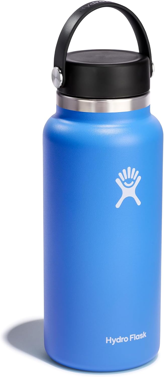 Hydro Flask Water Bottle - Insulated Stainless Steel - Wide Mouth Flex Lid, Non Spill, Leakproof and Refillable in 32 Oz Cascade Blue