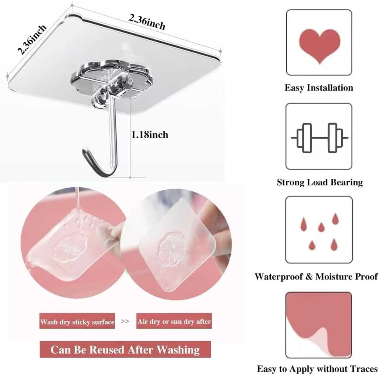 DDMY 24 Packs Hooks for Hanging Wall Hooks Transparent Reusable Waterproof Adhesive Hook for Kitchen Curtain, Towel Hook for Bathrooms, Heavy Duty Self Coat Hook for Walls No Damage