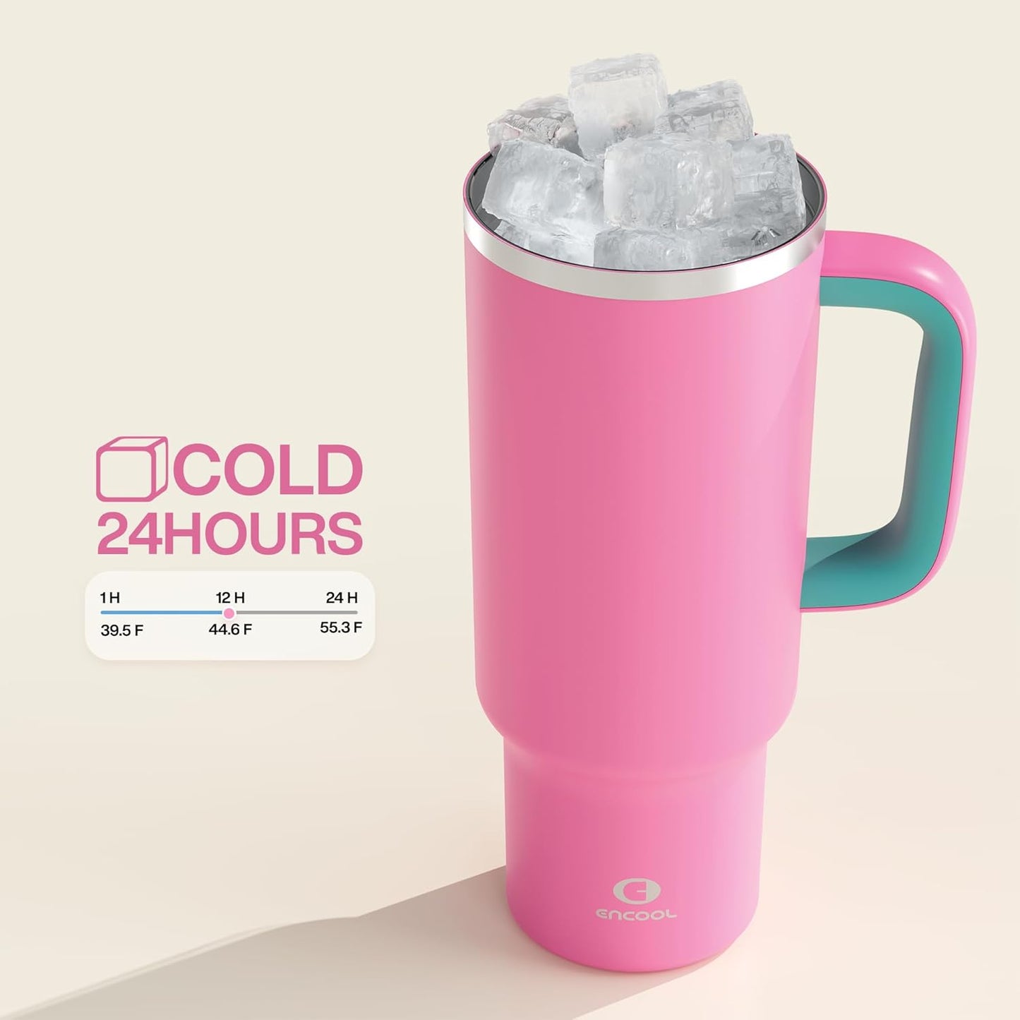 ENCOOL 40 oz Tumbler with Handle and Straw: Stainless Steel Insulated Tumbler Keeps Cold for 24 Hours, Leakproof Travel Cup Fits in Cup Holder and BPA-Free,Light Crimson