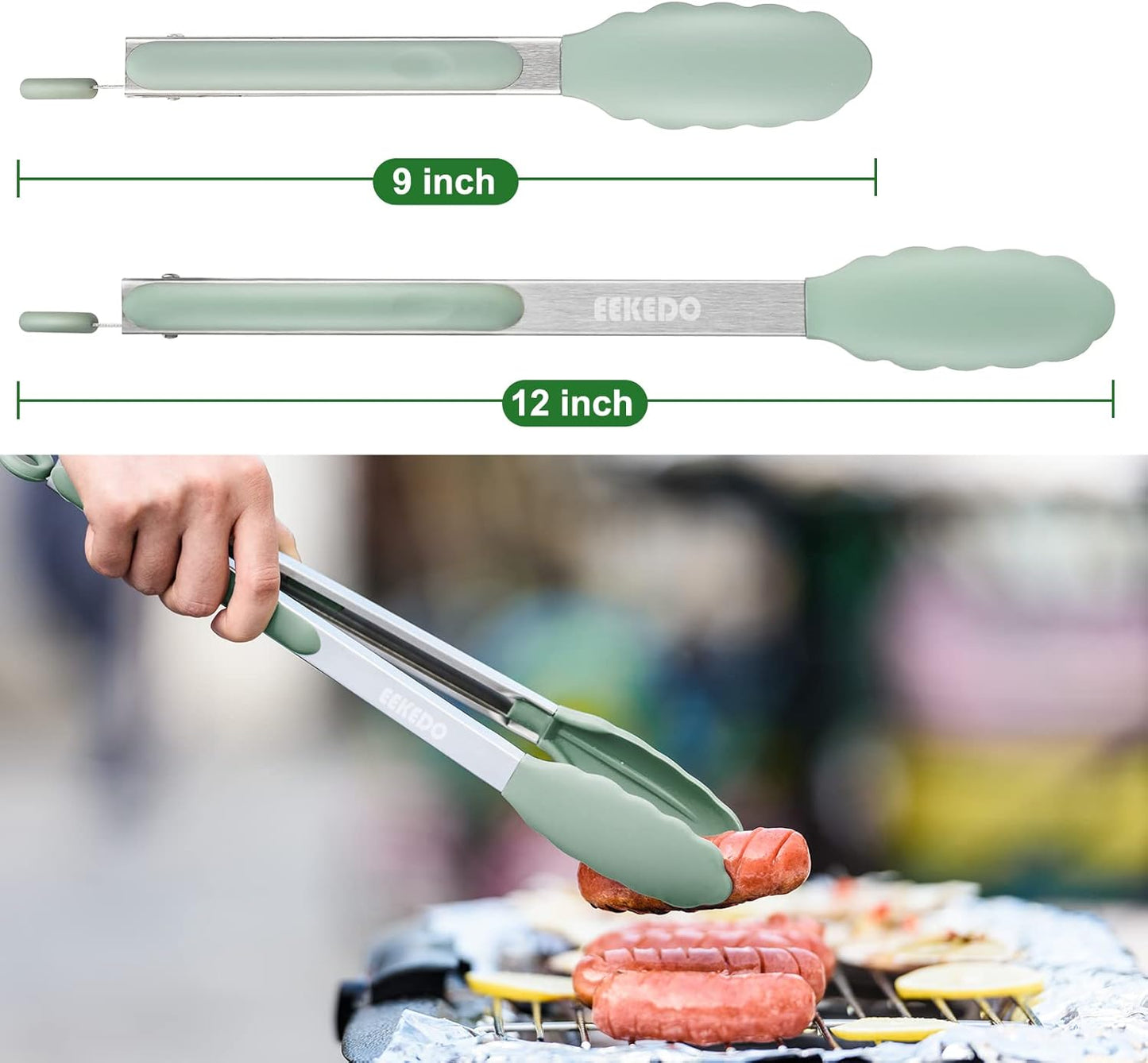 Kitchen Tongs, Stainless Steel Silicone Tongs for Cooking 600ºF High Heat-Resistant BBQ Grilling Locking Tongs, Set of 2-9" and 12" Light Green