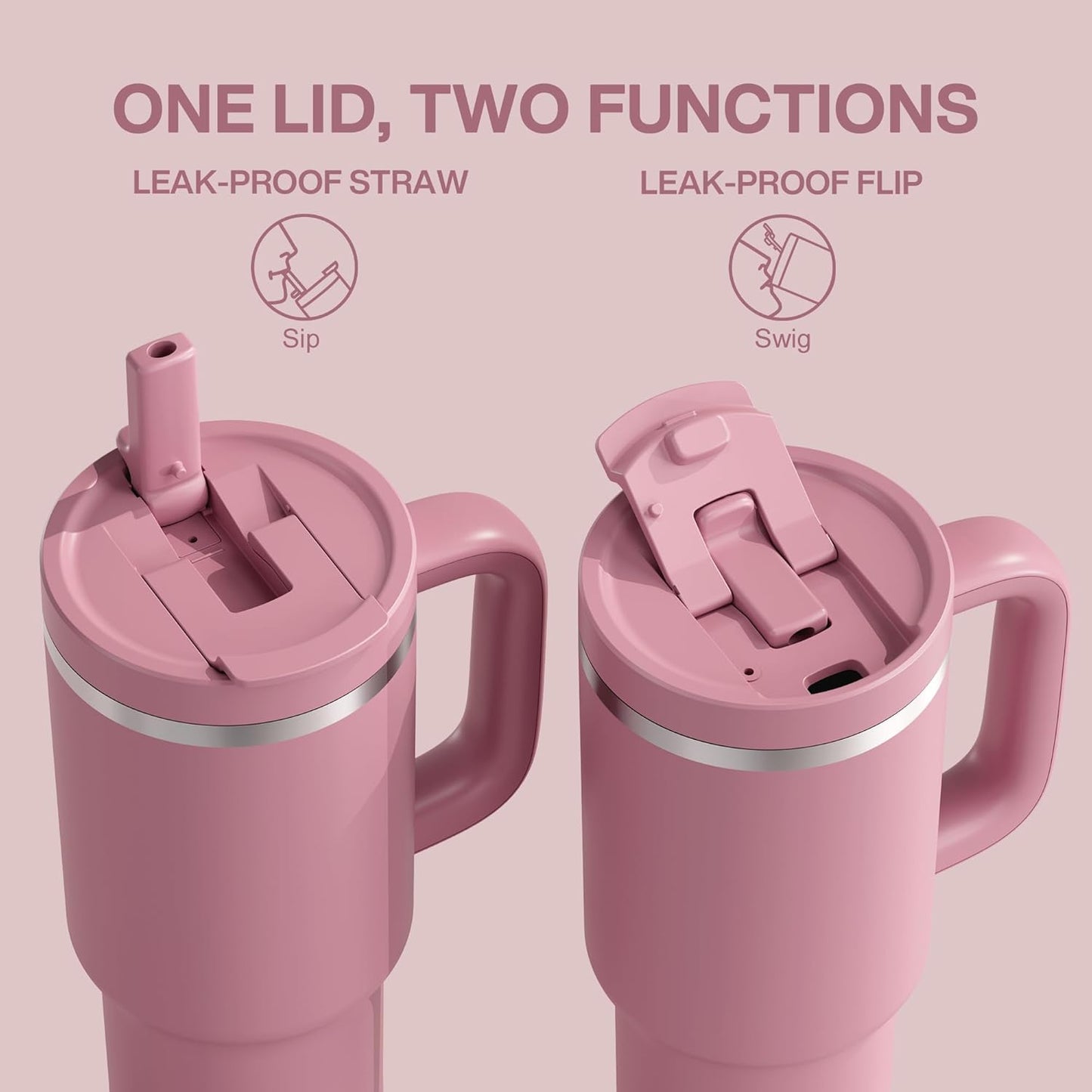 40 oz Tumbler with Handle and Straw: Stainless Steel Insulated Tumbler Keeps Cold for 24 Hours, Leakproof Travel Cup Fits in Cup Holder and BPA-Free,Turkish Rose