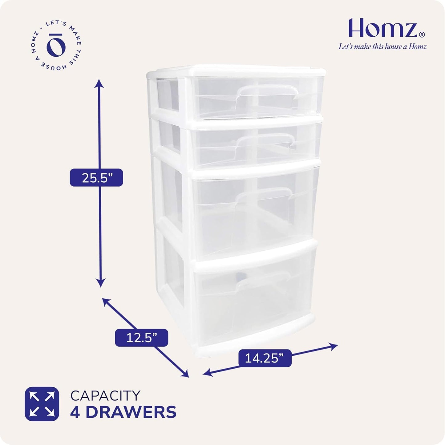HOMZ 2-Pack Drawer Tower, 4-Tier Clear Plastic Storage Organizer Cart, White Frame - Organizing Containers with Wheels for Home, Bathroom, Bedroom, Office, and Classroom