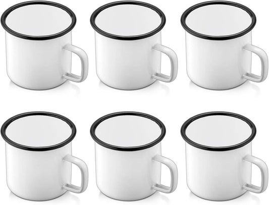 P&P CHEF Enamel Camping Coffee Mug Set of 6, Small Colored Mugs Cups for Family Gathering/Friend Party/Camping/Picnic/Fishing, Lightweight & Portable -12 Ounce, 350ML & White