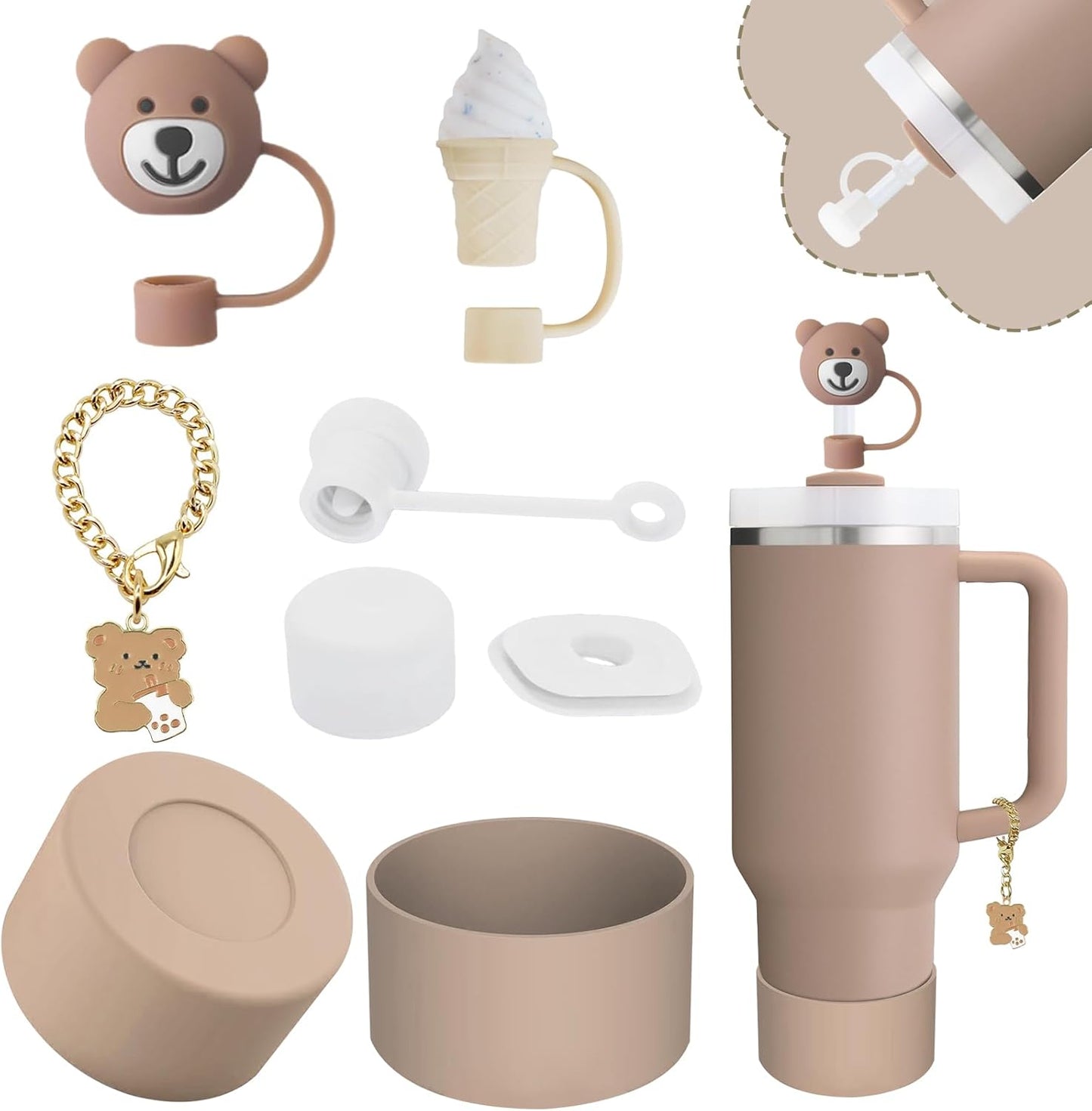 Stanley Cup Accessories Set,Including 2 Pcs 0.4in Straw Cover, 1 Silicone Spill-Proof Stopper Set of 3, 1 Cute Bear Handle Charm, 1 Silicone Boot Fits Stanley 40&30 Oz Tumbler (Almond Rose)
