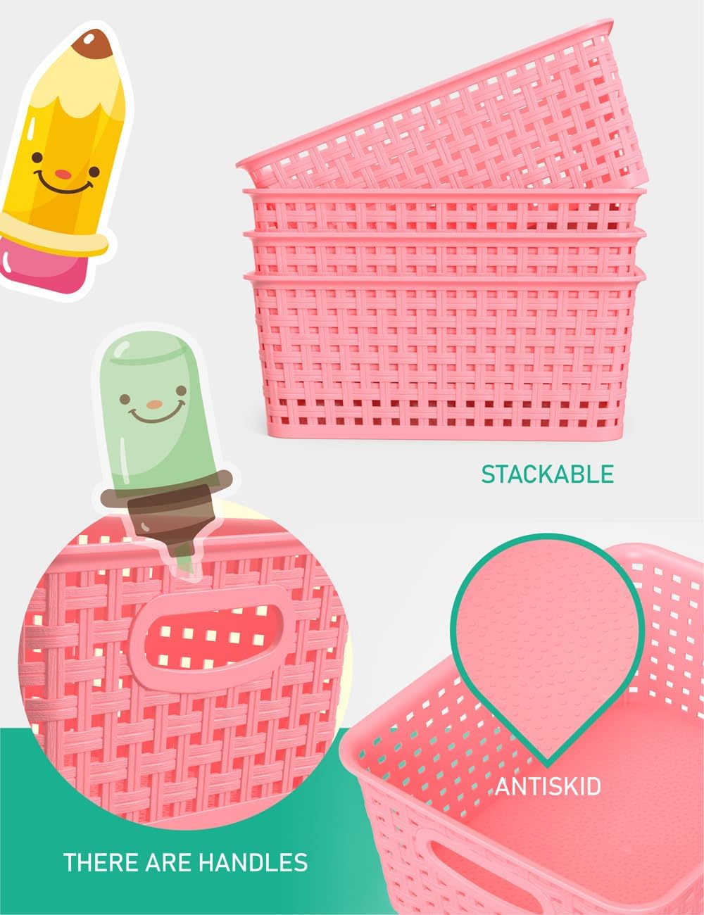 WYT 6-Pack Plastic Small Shelf Storage Weave Baskets Organizing for Cabinets and Pantries, Pink