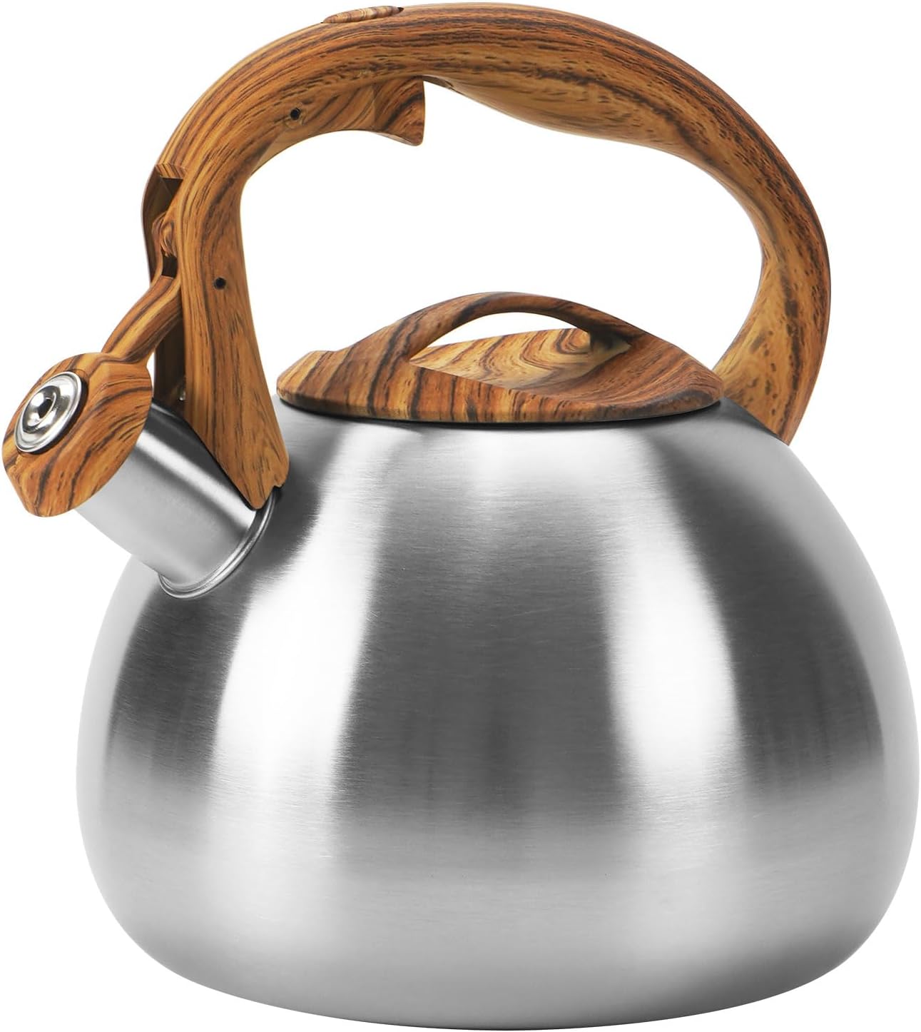 Classic Stainless Steel Whistling Kettle 3.2 Quart - Brushed Metal Finish with Wooden Handle, Stovetop Water Boiler for Home & Kitchen, Loud Alert Whistle & Drip-Free Spout (Silver)