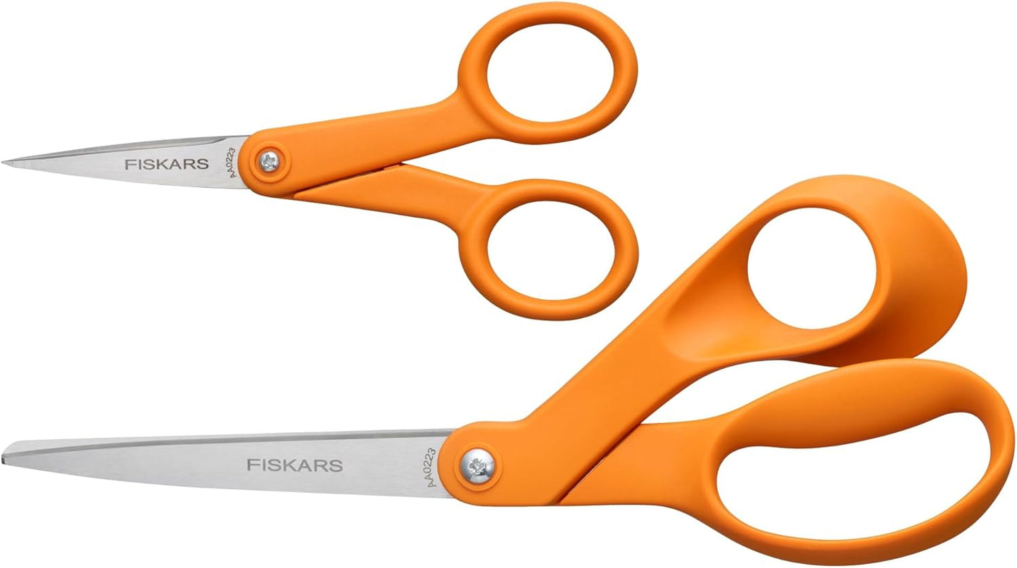 Fiskars Original Orange Handled Scissors 2-Piece Set, 5" Micro Tip and 8" Stainless Steel Scissors, Paper and Fabric Supplies for Office and Arts and Crafts Set, Orange