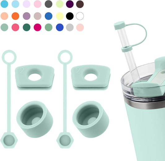 Silicone Spill Stopper Set Compatible with Stanley Cup 2.0 30oz & 40oz with Straw Cover (Set of 2, Seafoam)