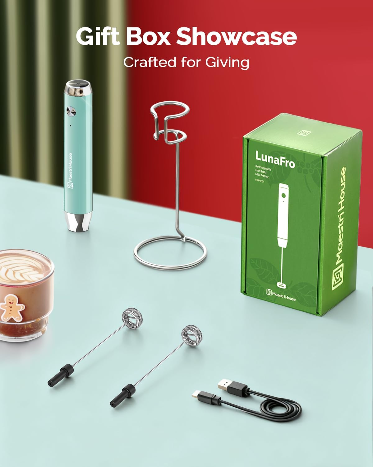 Maestri House Rechargeable Milk Frother with Stand, Handheld Electric Foam Maker Waterproof Detachable Stainless Steel Whisk Drink Mixer Foamer for Lattes, Cappuccino (Soft Aqua(Gift Box))