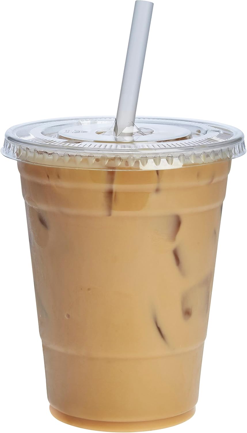 GUSTO Clear Plastic Cups with Flat Lids [16 oz - 50 Count] - Disposable Iced Coffee Cups with Lids - PET Plastic Cold Cups for Smoothies, Juices & To-Go Drinks - Formerly Comfy Package