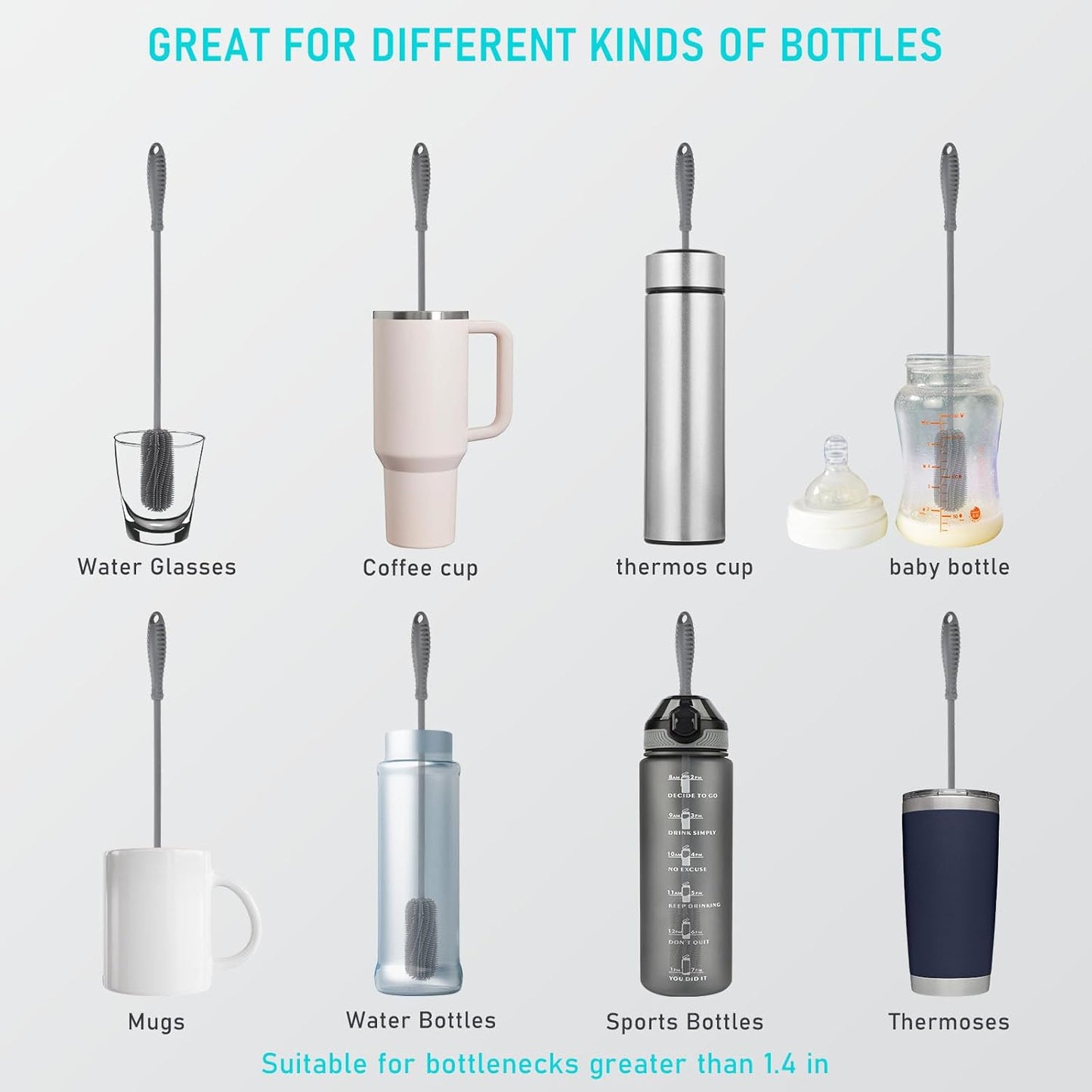 15.7" Silicone Bottle Brush, ddLUCK Water Bottle Cleaner Brush for Stanley, Hydroflasks, Glass, Thermos Sports Bottle, Vase and Glassware, Bottle Brush Cleaner for Small Narrow Neck Containers (Gray)