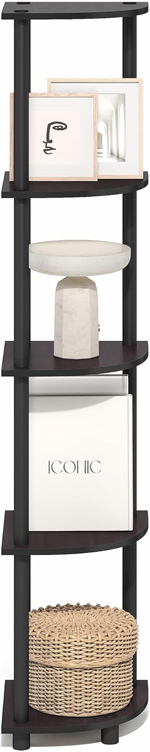 Furinno Turn-N-Tube Corner Shelf, 5-Tier Corner Bookshelf, Open Storage Shelves, for Organization and Storage, Living Room, Home Office, Garage, Bedroom, Dark Mocha