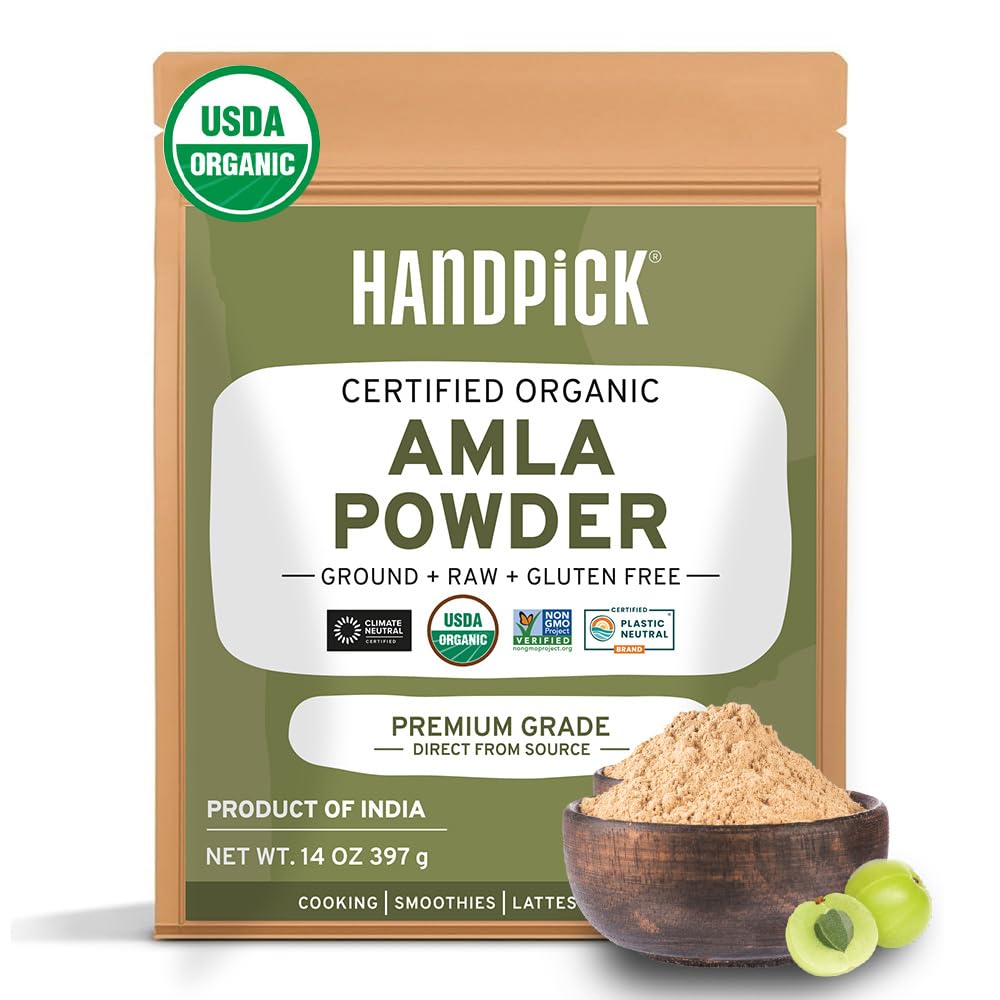HANDPICK Organic Amla Powder (14oz) Amalaki, USDA Organic, Non-GMO | 100% Raw and Natural - Lab Tested for Purity | Indian Gooseberry Powder | Resealable Zip Lock Pouch