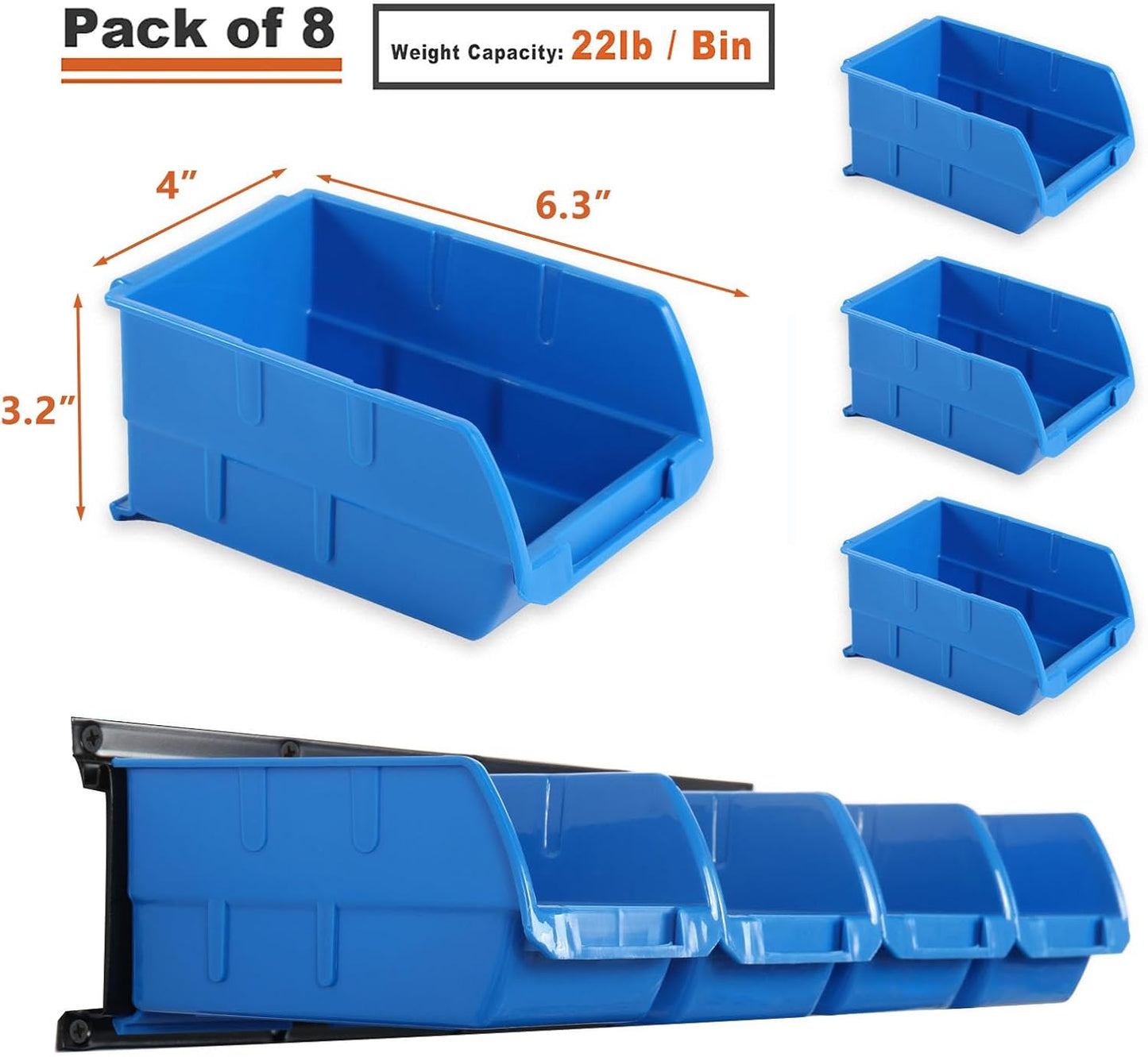 Wallmaster 8-Bin Storage Bins Garage Rack System 2-Tier Orange Tool Organizers Cube Baskets Wall Mount Organizations (Blue)