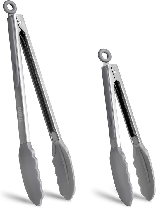 Kitchen Tongs, Stainless Steel Silicone Tongs for Cooking 600ºF High Heat-Resistant BBQ Grilling Locking Tongs, Set of 2-9" and 12" Light Grey