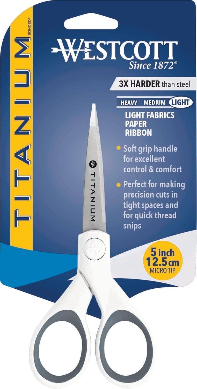 Westcott 5" Micro-Tip Fabric Scissors with Titanium-Bonded Blades - Ideal for Crafting, Sewing, and More