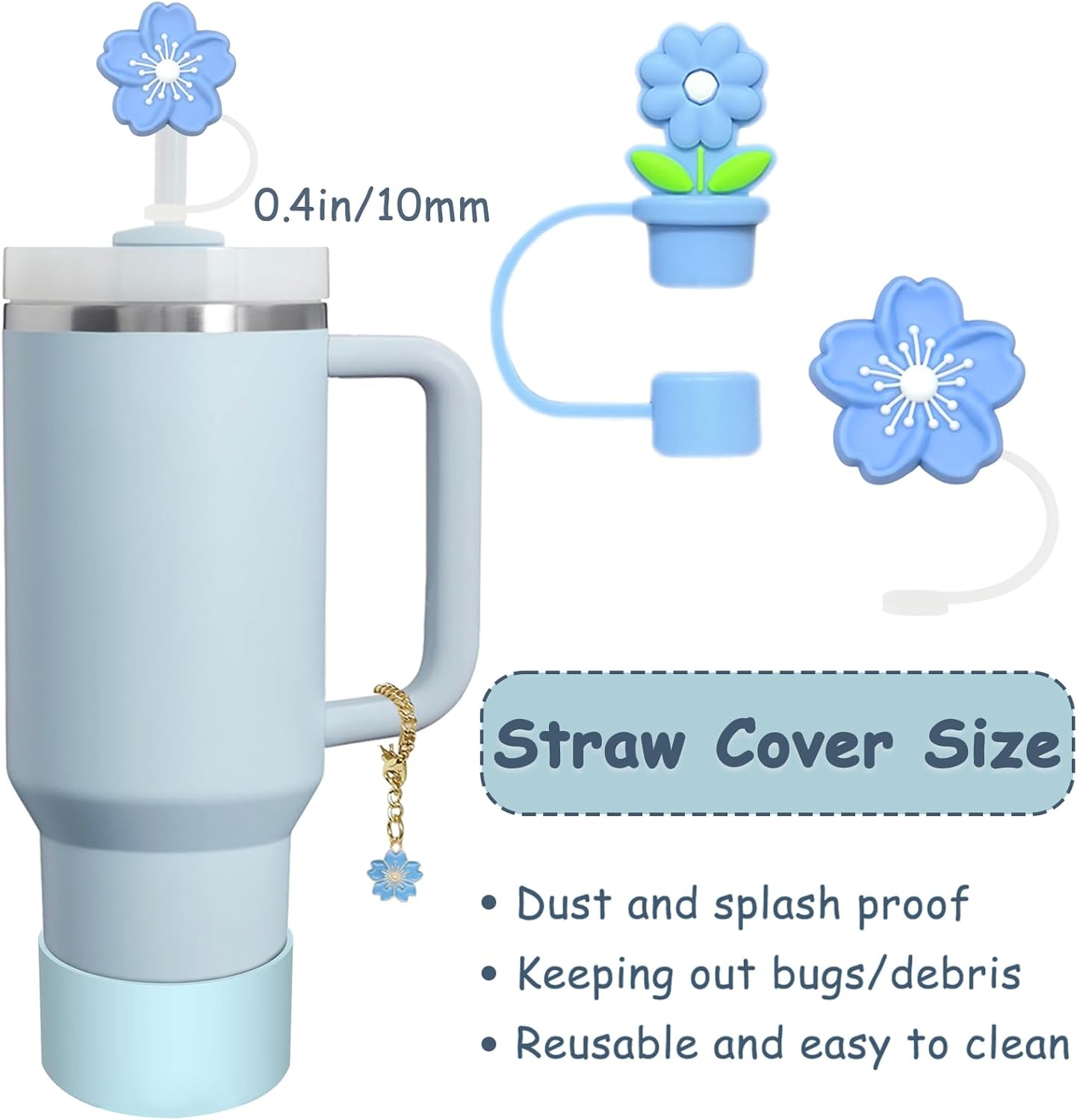 Stanley Cup Accessories Set,Including 2 Pcs 0.4in Straw Cover, 1 Silicone Spill-Proof Stopper Set of 3, 1 Cute Flower Handle Charm, 1 Silicone Boot Fits Stanley 40&30 Oz Tumbler (Blue)