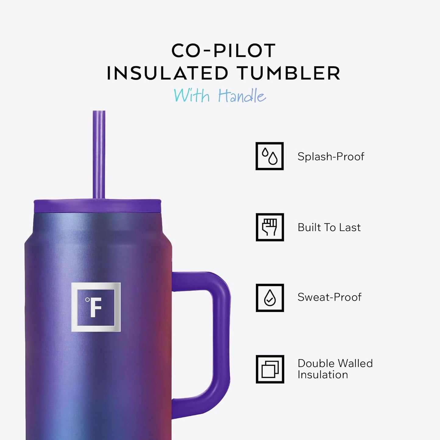 IRON °FLASK Co-Pilot Insulated Mug w/Straw & Flip Cap Lids - Cup Holder Bottle for Hot, Cold Drink - Leak-Proof - Water, Coffee Portable Travel Mug - Cobalt Blue, 50 Oz