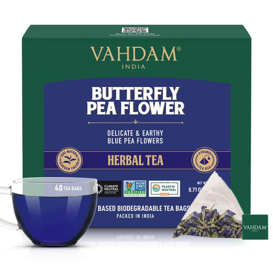 VAHDAM, Butterfly Pea Flower Tea Bags (40 Pyramid Teabags) Vegan, Non-GMO | Delicate & Earthy | Direct From Source - Plant Based Biodegradable Tea Bags | Brew Iced Tea, Cooking, Mocktails & Cocktails