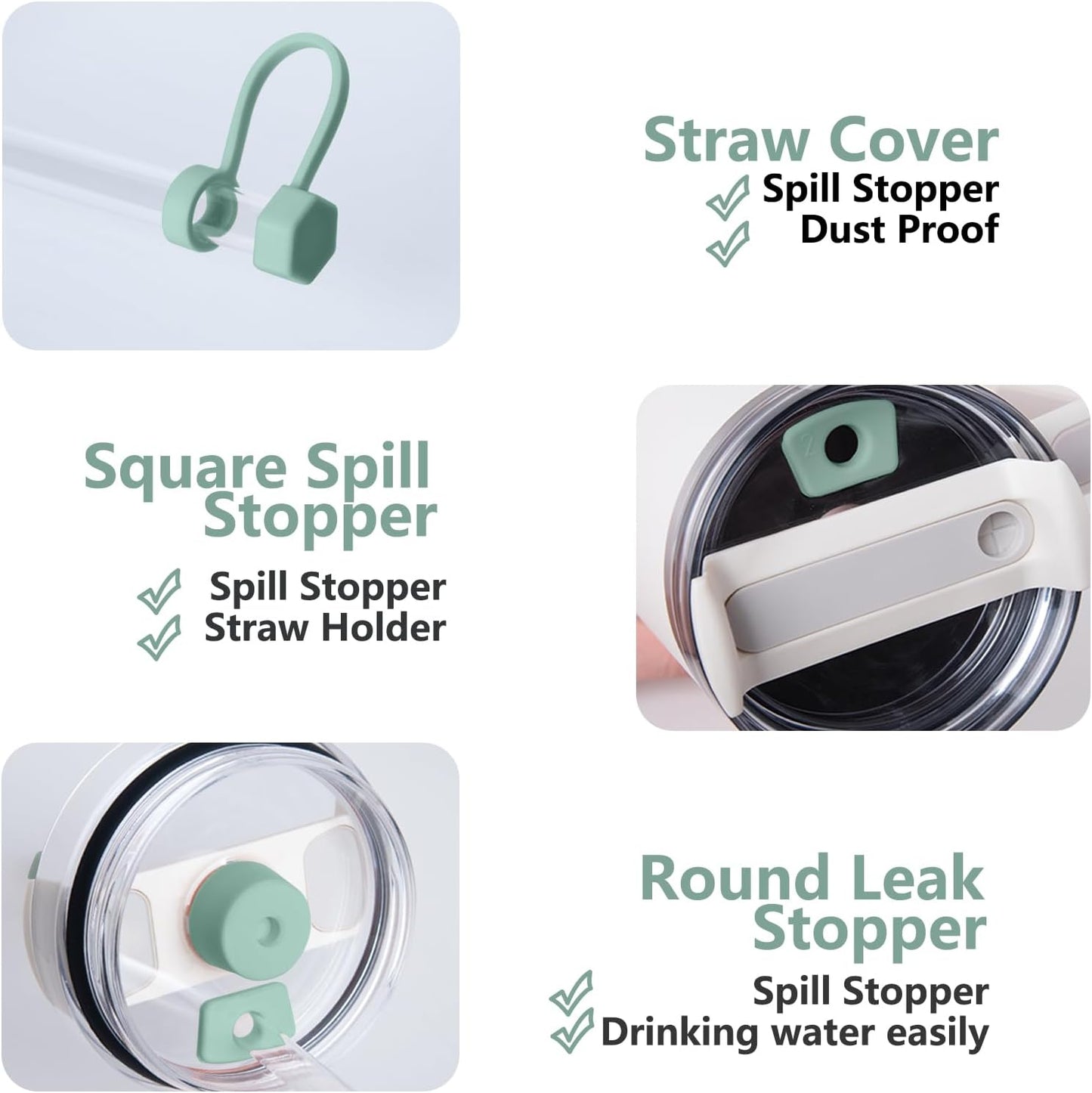 Silicone Spill Stopper Set Compatible with Stanley Cup 2.0 30oz & 40oz with Straw Cover (Set of 2, Eucalyptus)