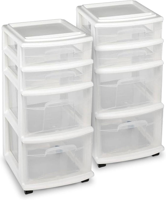 HOMZ 2-Pack Drawer Tower, 4-Tier Clear Plastic Storage Organizer Cart, White Frame - Organizing Containers with Wheels for Home, Bathroom, Bedroom, Office, and Classroom
