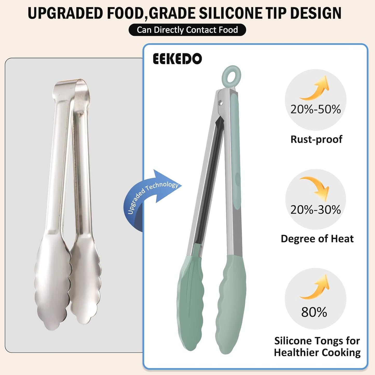 Kitchen Tongs, Set of 3 Stainless Steel Tongs with Silicone Tips Locking Cooking Tongs 600ºF Heat Resistant Tong for Cooking BBQ Grilling Air Fryer Serving Food Salads, 7"+9"+12" Light Green