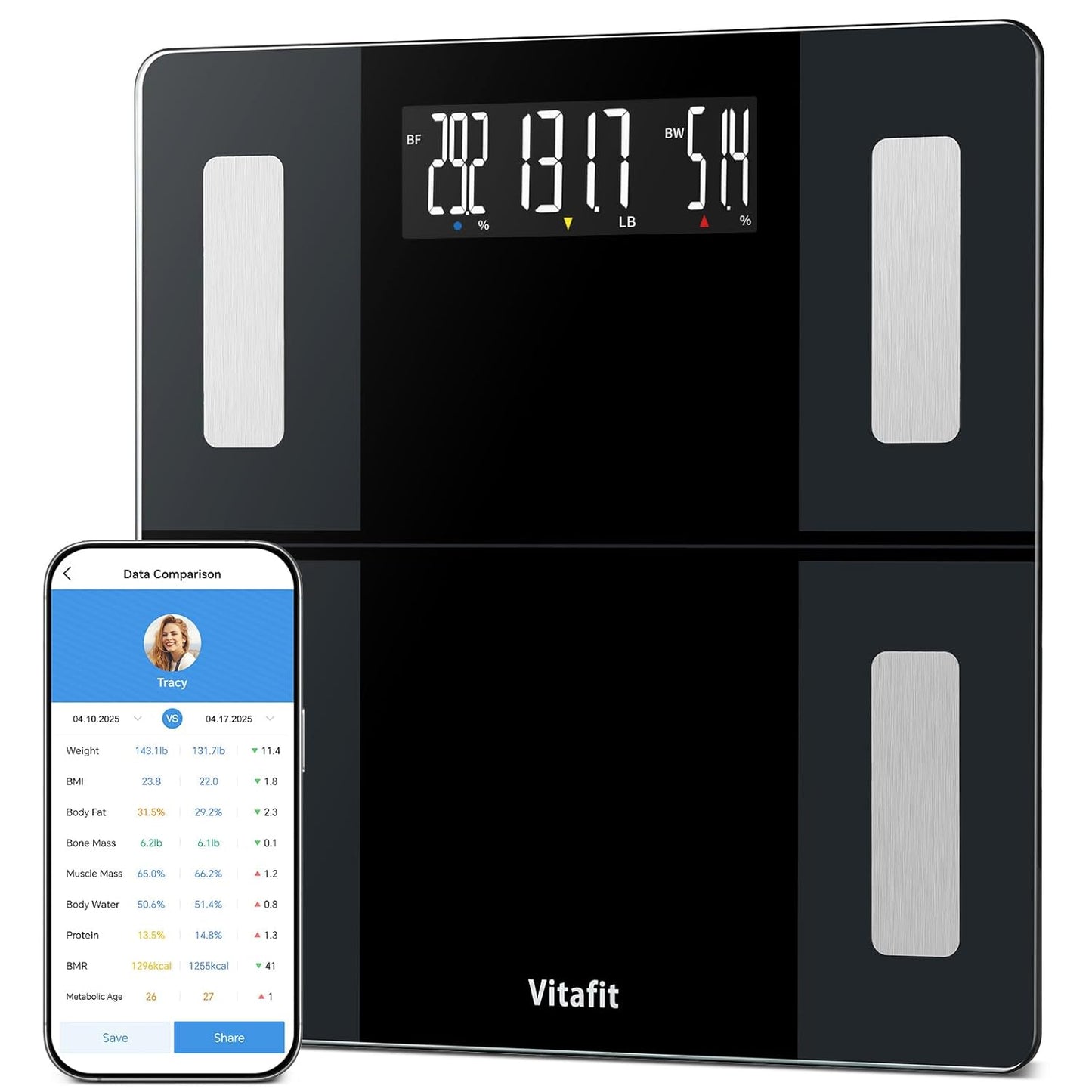 Vitafit 550lb Smart Bathroom Scale for Body Weight, High Precision in 0.1lb Assured by Weight Scale Professional Factory Since 2001, App Sync 13 Body Composition with BMI and Body Fat, Black