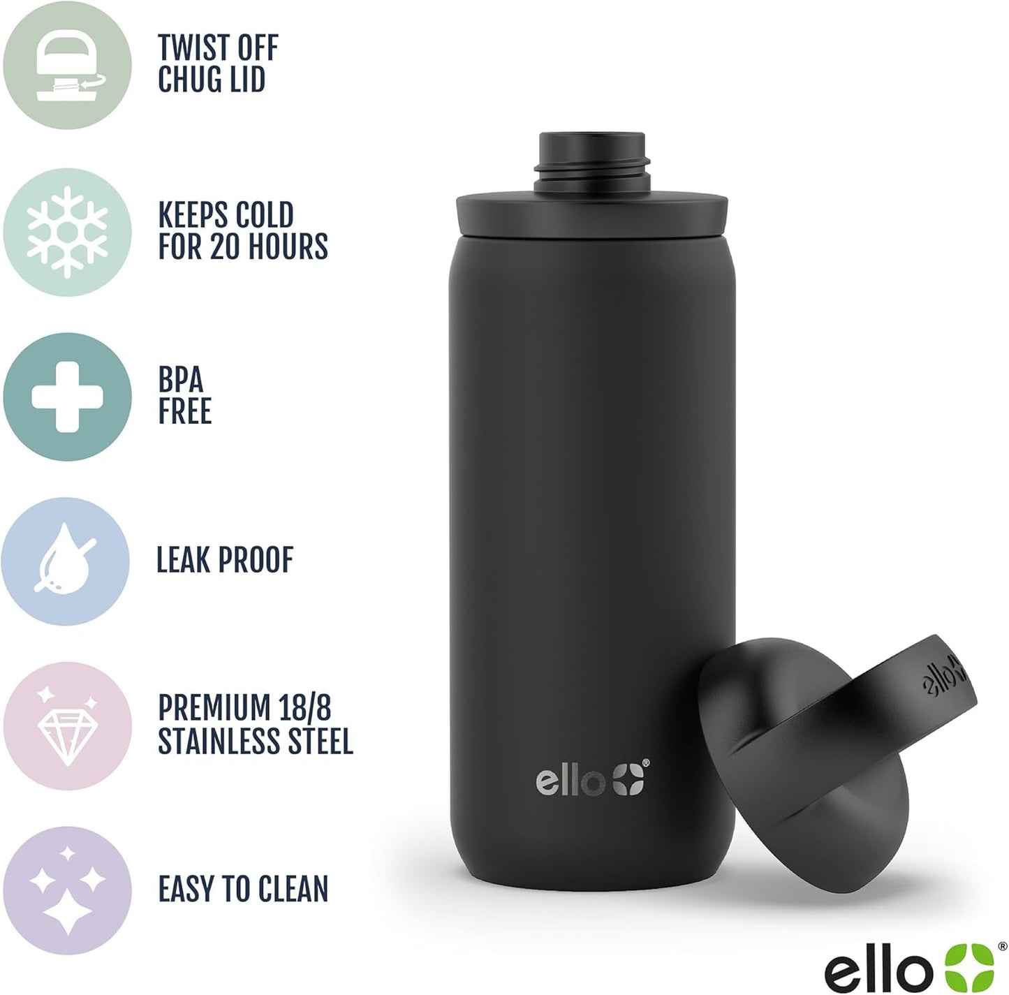 Ello Cooper Twist 18oz Kids Stainless Steel Water Bottle with Chug Lid | Leak Proof Double Walled and Vacuum Insulated | Fits Car Cupholder | Built in Carry Loop | Dishwasher Safe | Black