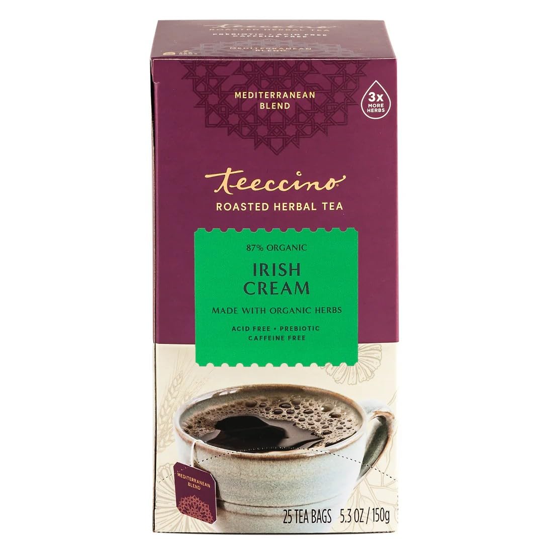 Teeccino Irish Cream Herbal Tea, Rich & Roasted Herbal Tea That’s Caffeine Free & Prebiotic for Natural Energy, 25 Tea Bags