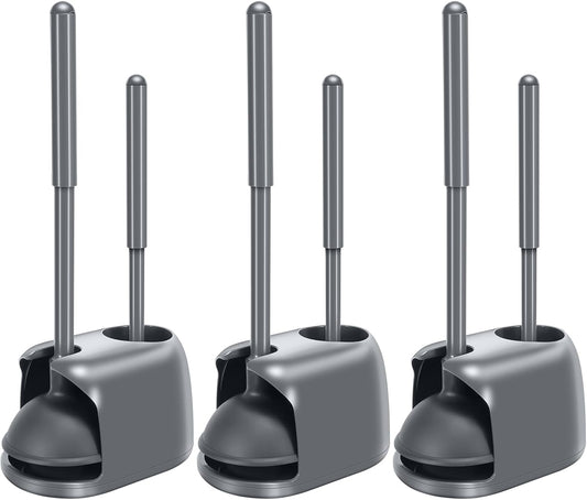 SetSail Toilet Brush and Plunger Set, 3 Pack Toilet Plungers for Bathroom with Holder Heavy Duty Toilet Bowl Brush and Holder Hidden for Deeply Cleaning - Gray