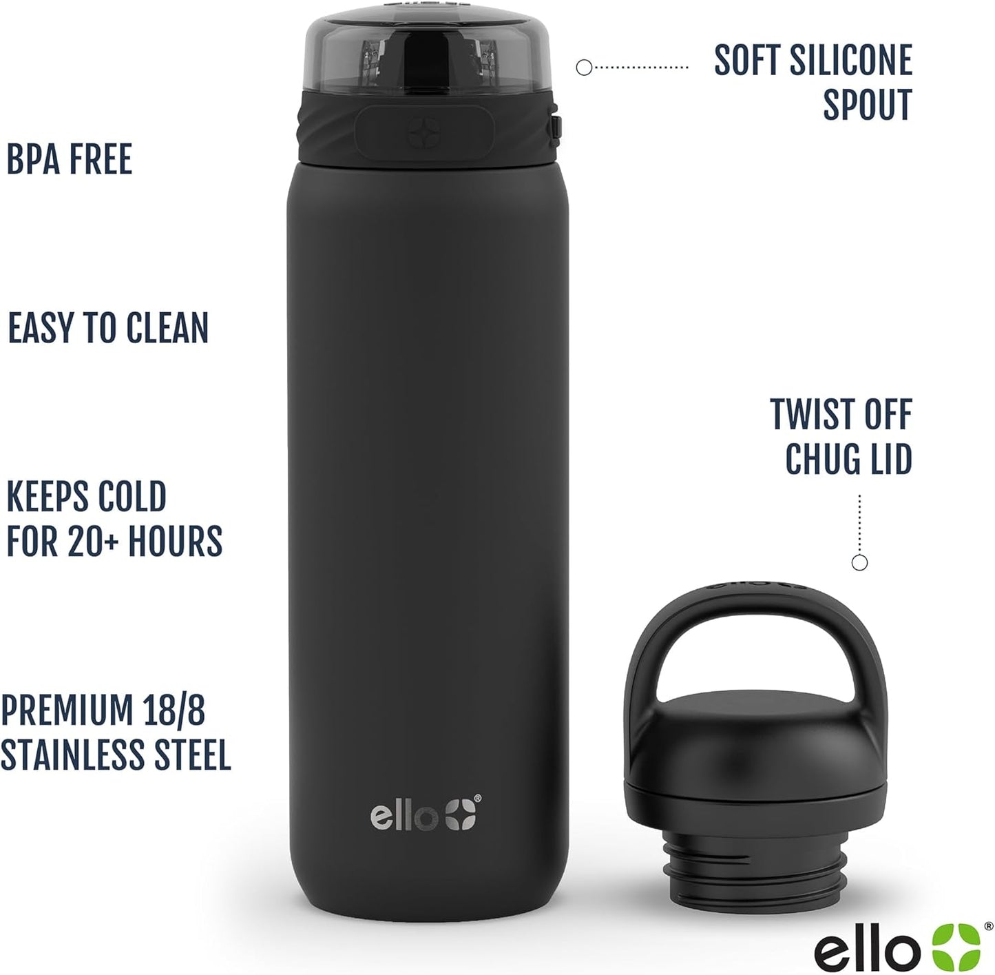 Ello Cooper 22oz Stainless Steel Water Bottle with 2 Lids Chug and Straw | Leak Proof Double Walled and Vacuum Insulated | Fits Car Cupholder | Built in Carry Loop | Dishwasher Safe | Sage