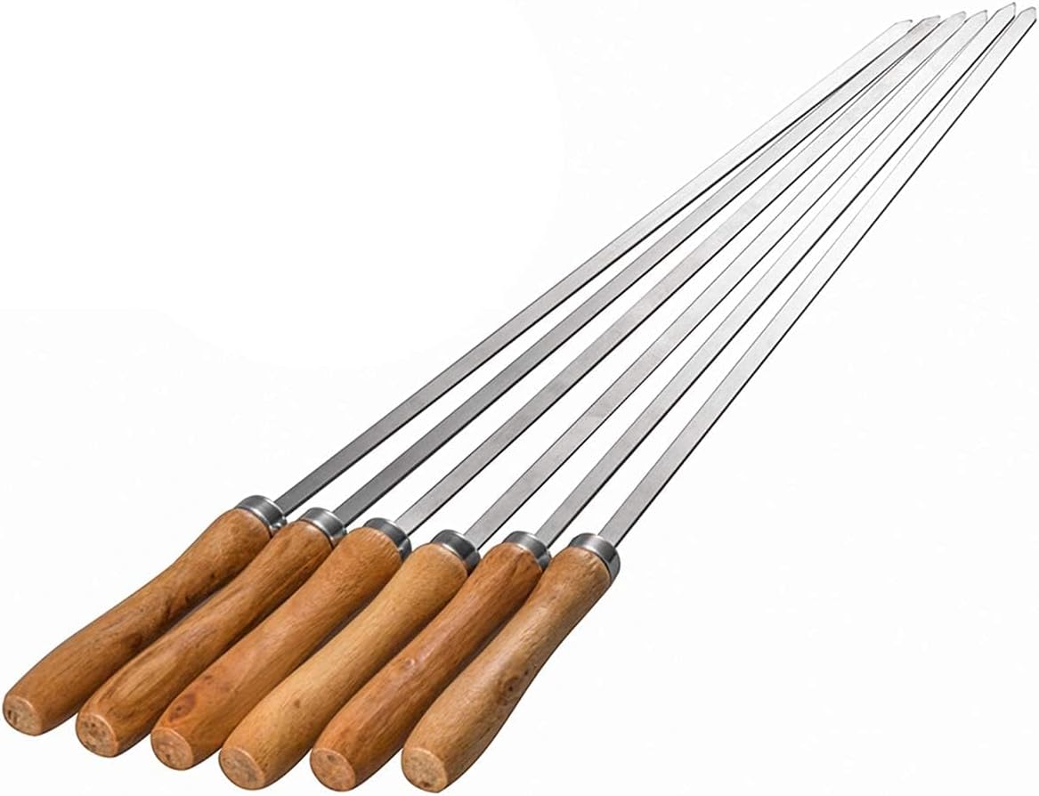 IMEEA Flat Skewers for Kabobs Stainless Steel Kebab Skewers for Grilling 16.5 Inch Barbecue Skewers with Nonslip Wooden Handle, Set of 6