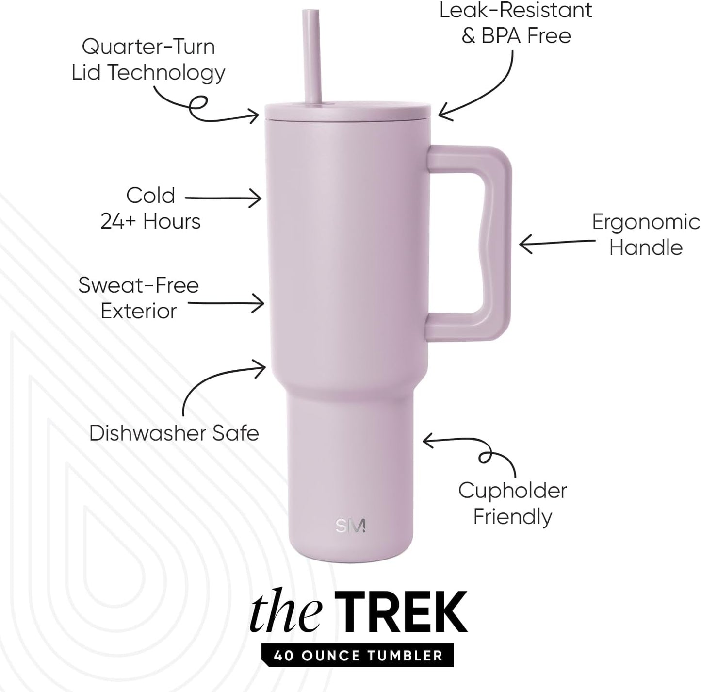 Simple Modern 40 oz Trek Tumbler with Handle and Straw Lid | Cup Holder Friendly Insulated Stainless Steel Travel Mug | Lavender Mist