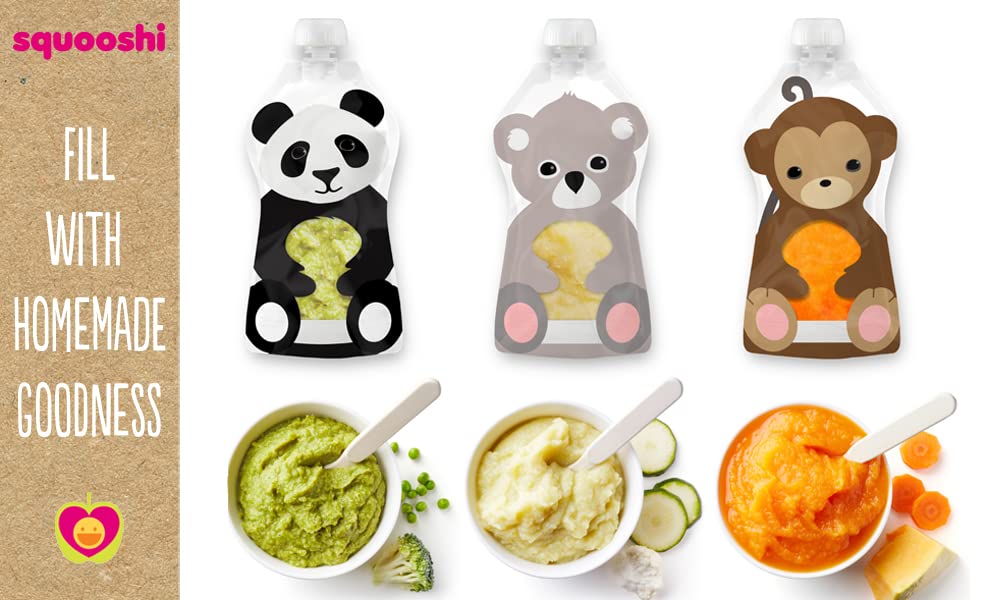 Squooshi Reusable Baby Food Pouches for Toddlers | BPA Free Plastic, Food Safe, Freezer Safe | Refillable for Applesauce Yogurt & Puree Squeeze Pouch | 6 Pack | 3.4 oz