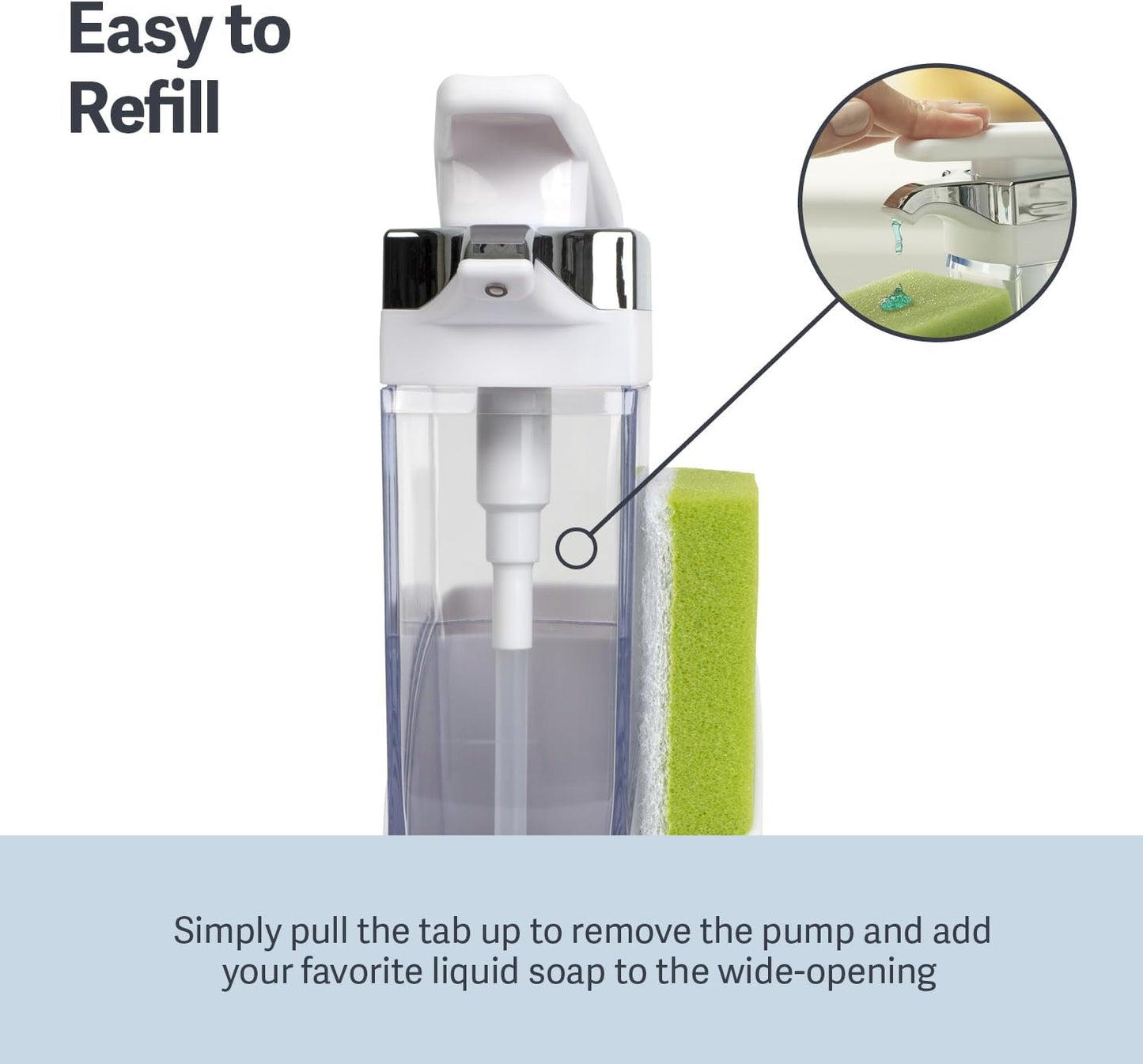 Casabella Sink Sider Solo Soap Pump and Sponge Caddy for Kitchen Sinks, Kitchen Sink Organizer Sponge Caddy and Soap Pump Combo, White/Chrome